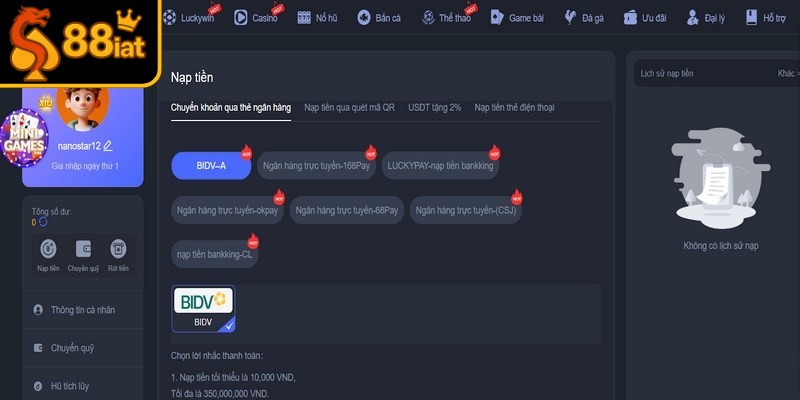 Nạp tiền 88I diễn ra nhanh chóng thông qua đa dạng hình thức